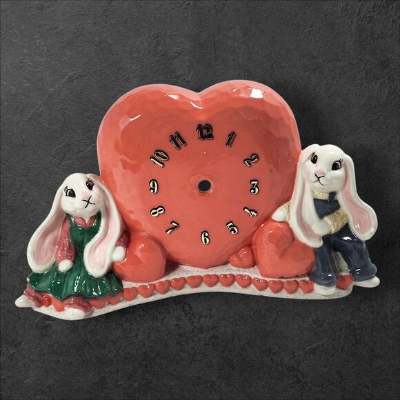Vintage Bunny Clock Shell Heart Ceramic Cottagecore Farmhouse Decor Signed Anna - Picture 2 of 10